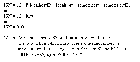 Text Box: ISN = M + F(localhostIP + localport + remotehost + remoteportIP)
or
ISN = M + R(t)
or
ISN = R(t)

Where: M is the standard 32 bit, four microsecond timer
F is a function which introduces some randomness or unpredictability (as suggested in RFC 1948) and R(t) is a PRNG complying with RFC 1750.
