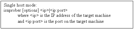 Text Box: Single host mode:
isnprober [options] <ip>|<ip:port>
	where <ip> is the IP address of the target machine
	and <ip:port> is the port on the target machine
